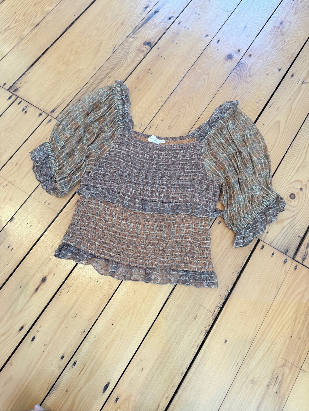 Anthropologie Brown Smocked Puff Sleeve Peplum Top